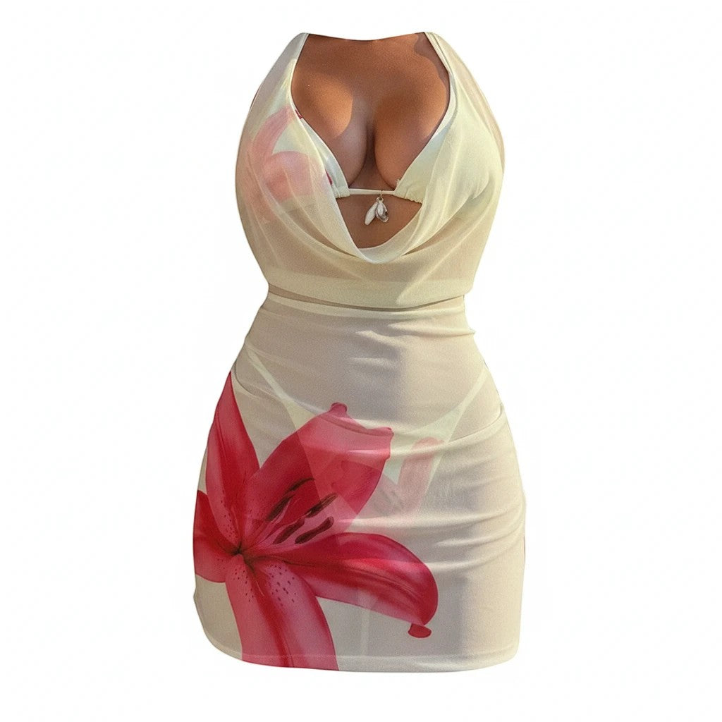 Sea Dragon Dreams 3-piece bikini set with a white triangle top and matching skirt featuring a bold red floral print.