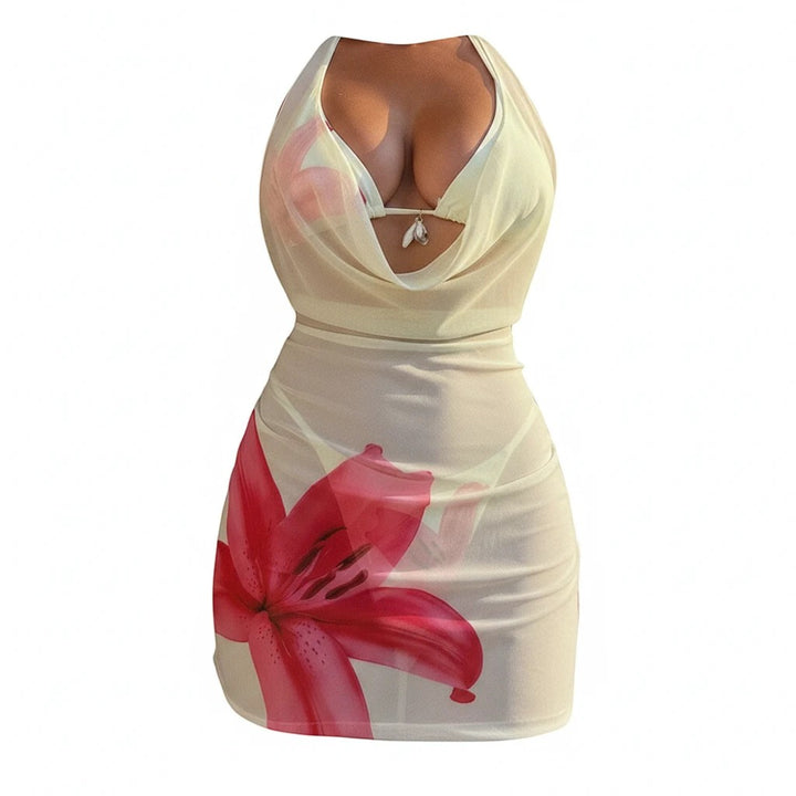 Sea Dragon Dreams 3-piece bikini set with a white triangle top and matching skirt featuring a bold red floral print.