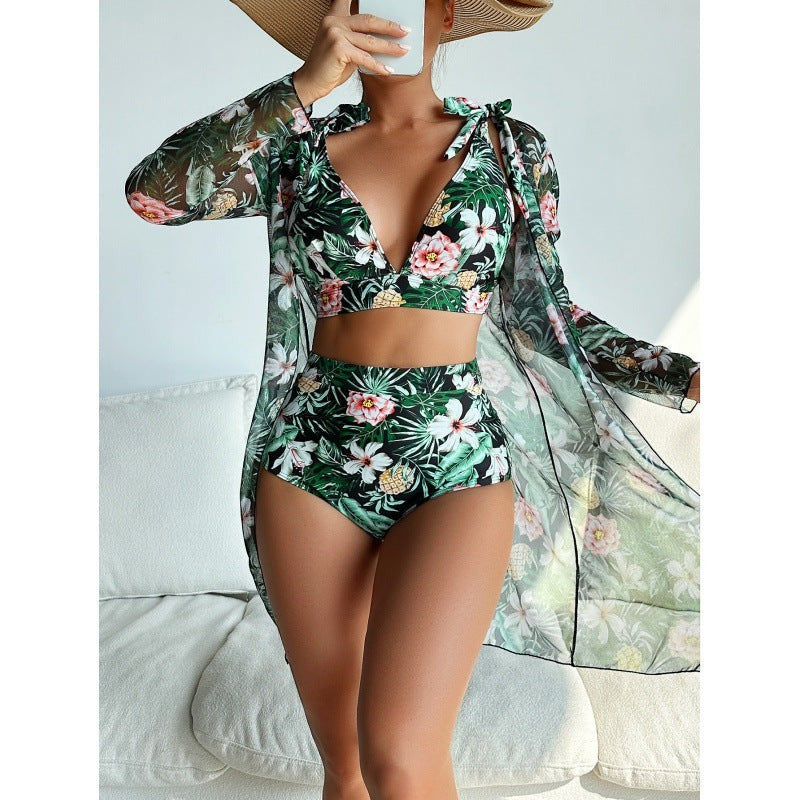 Sea Dragon Dreams 3-piece bikini set with high-waisted bottoms, bikini top, and sheer long-sleeve tropical floral cover-up