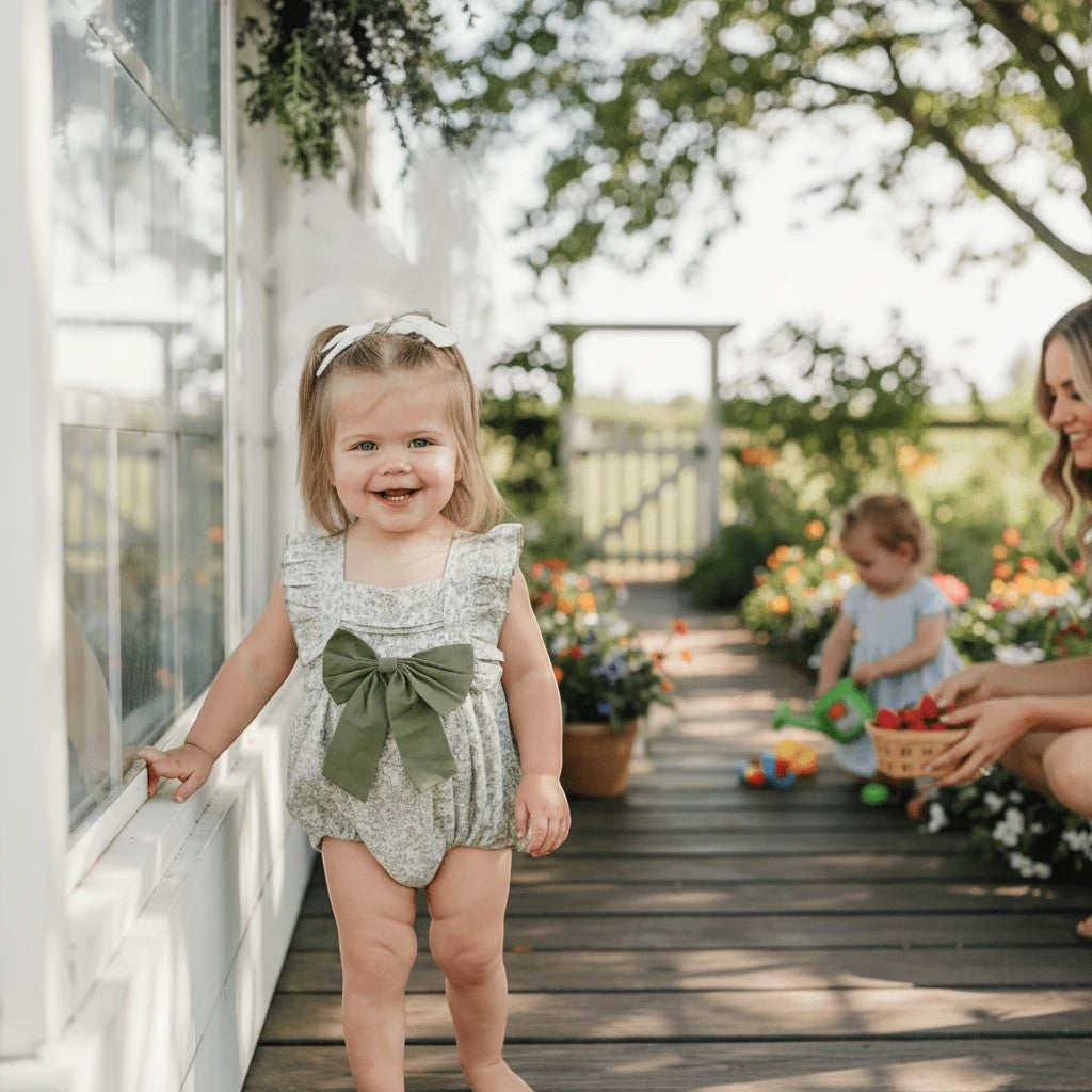 Sea Dragon Dreams bubble romper with floral print and olive green bow on a toddler standing on a wooden porch