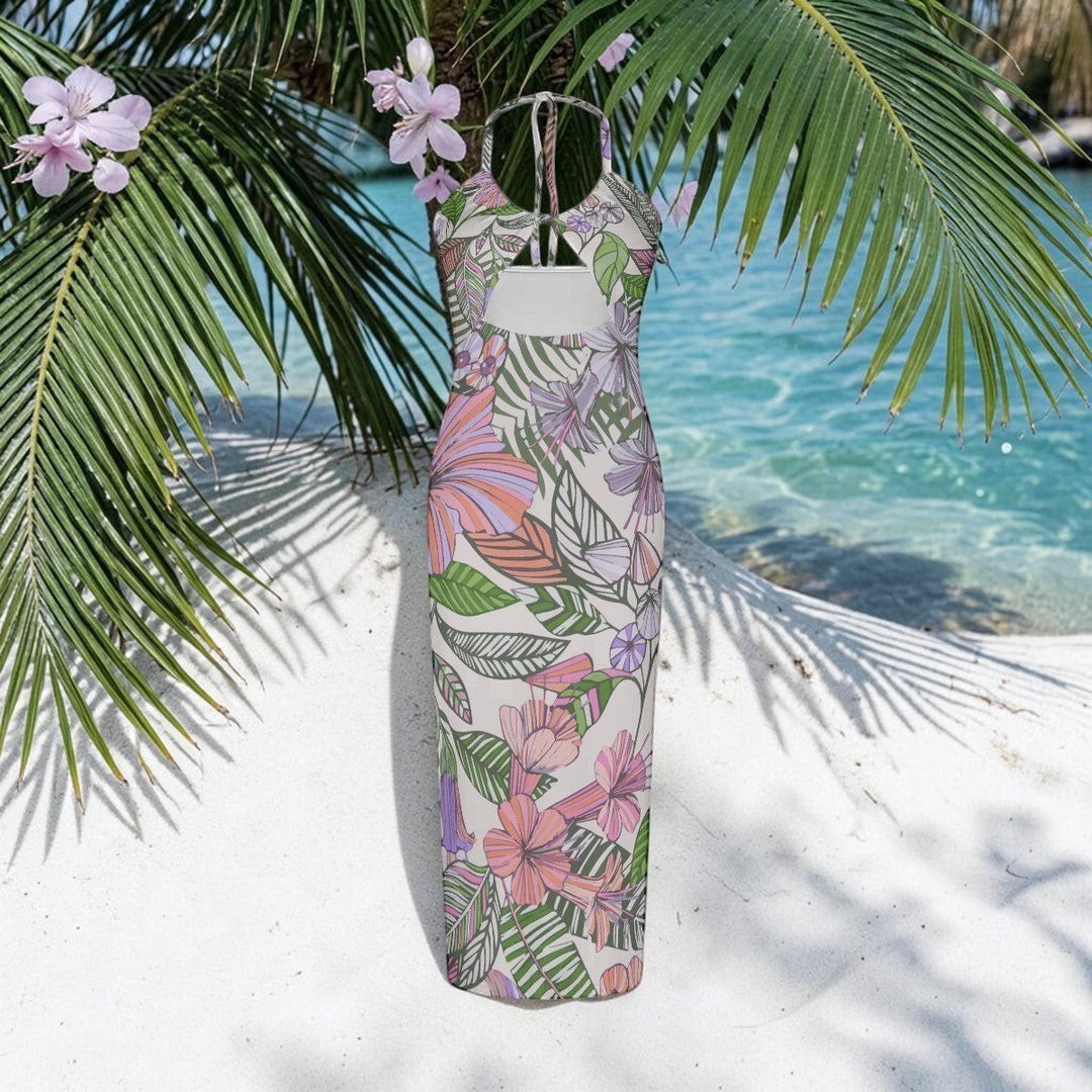 Sea Dragon Dreams floral cami dress with cutout detail, featuring a tropical botanical print on a white background.