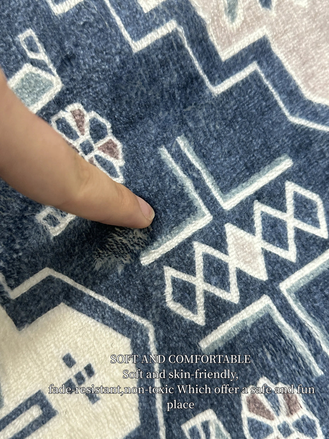Close-up of the soft, blue and white floral patterned fabric on a Sea Dragon Dreams half circle doormat.