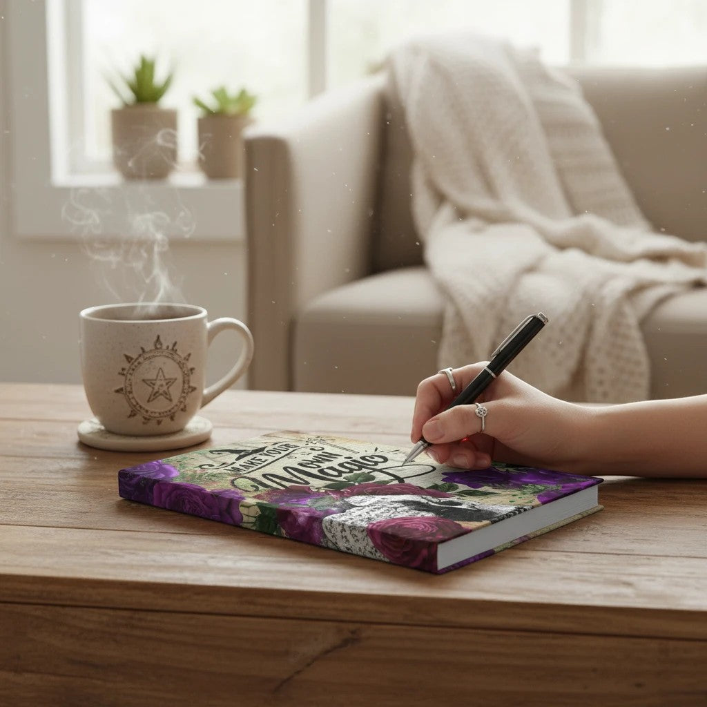 Sea Dragon Dreams hardcover journal with floral Make Your Own Magic cover, resting on a wooden table with a coffee mug