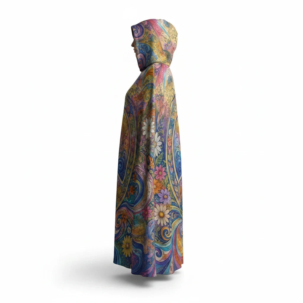 Sea Dragon Dreams unisex hooded cloak in smooth scuba fabric with a vibrant, colorful floral and paisley PEACE print.