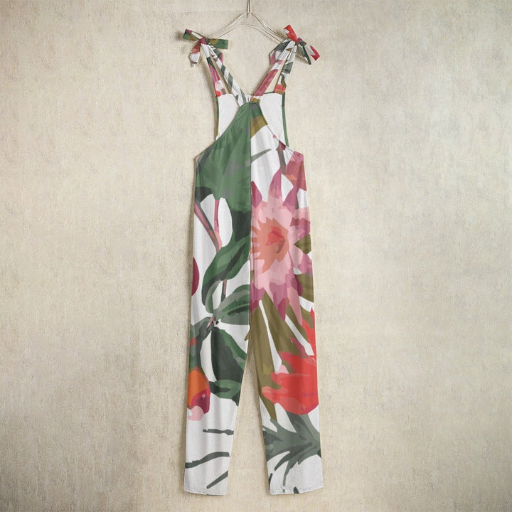 Sea Dragon Dreams floral print jersey jumpsuit with tie-shoulder straps, perfect for casual summer resort wear.