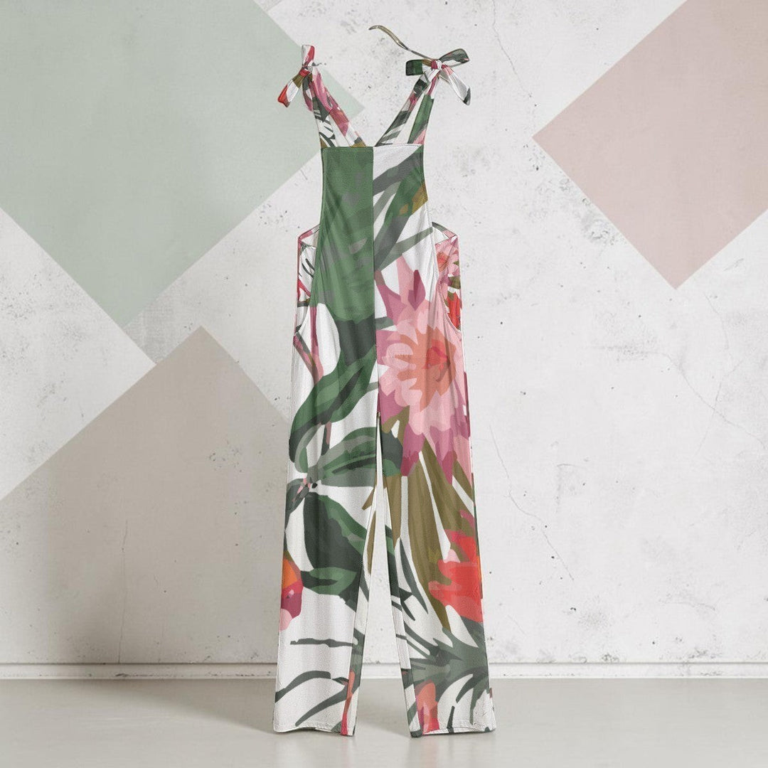 Sea Dragon Dreams floral print jersey jumpsuit with tie-shoulder straps, perfect for casual summer resort wear.