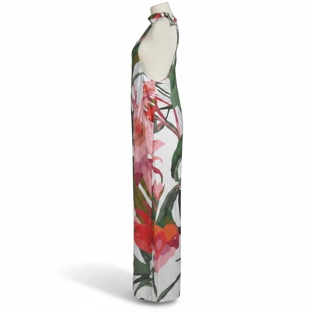 Sea Dragon Dreams floral print jersey jumpsuit in a side view on a mannequin, perfect for casual or resort wear.