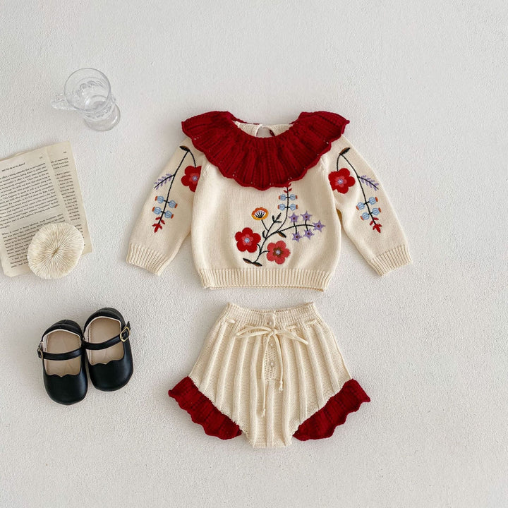 Sea Dragon Dreams baby girl apricot white knit blouse with red ruffled collar and matching floral shorts set