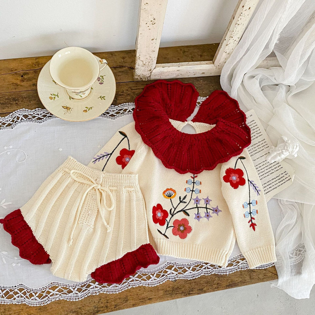 Sea Dragon Dreams baby girl apricot knit blouse and shorts set with red ruffled collar and floral embroidery