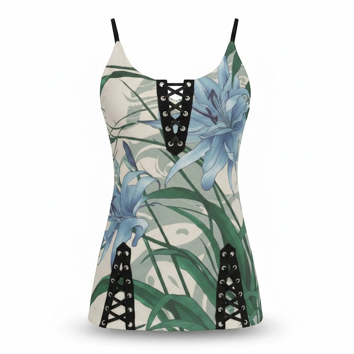 Sea Dragon Dreams v-neck cami dress featuring blue lily floral print, black lace-up details, and jersey fabric.