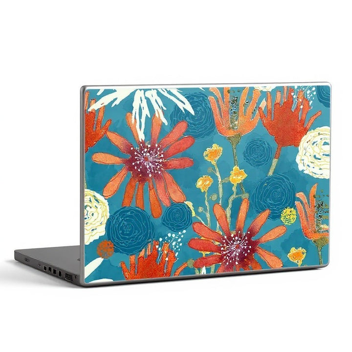 Sea Dragon Dreams Sunbaked Blooms laptop skin featuring vibrant orange and yellow floral art on a teal background.