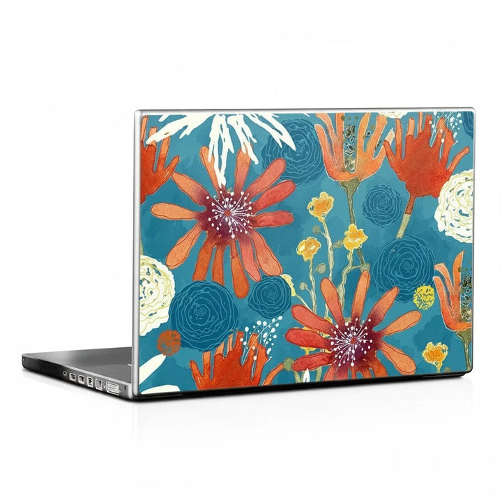 Sea Dragon Dreams Sunbaked Blooms laptop skin with vibrant orange and yellow floral artwork on a teal background.
