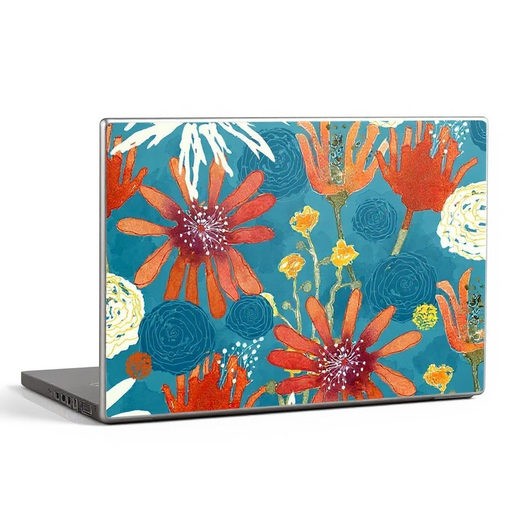 Sea Dragon Dreams Sunbaked Blooms laptop skin featuring vibrant orange and yellow floral artwork on a teal background.