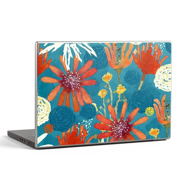 Sea Dragon Dreams Sunbaked Blooms laptop skin featuring vibrant orange and yellow floral artwork on a teal background.