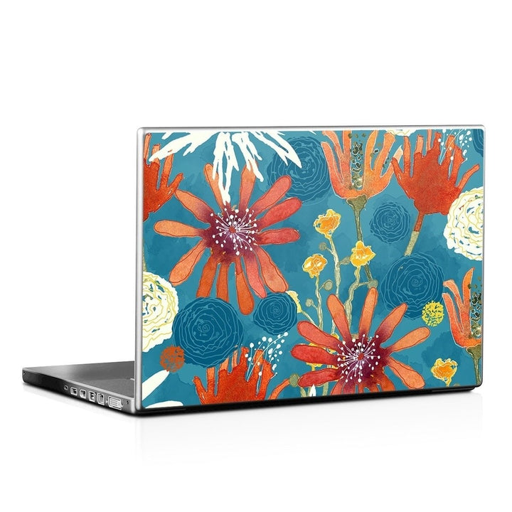 Sea Dragon Dreams Sunbaked Blooms laptop skin featuring vibrant orange and yellow floral art on a teal background.