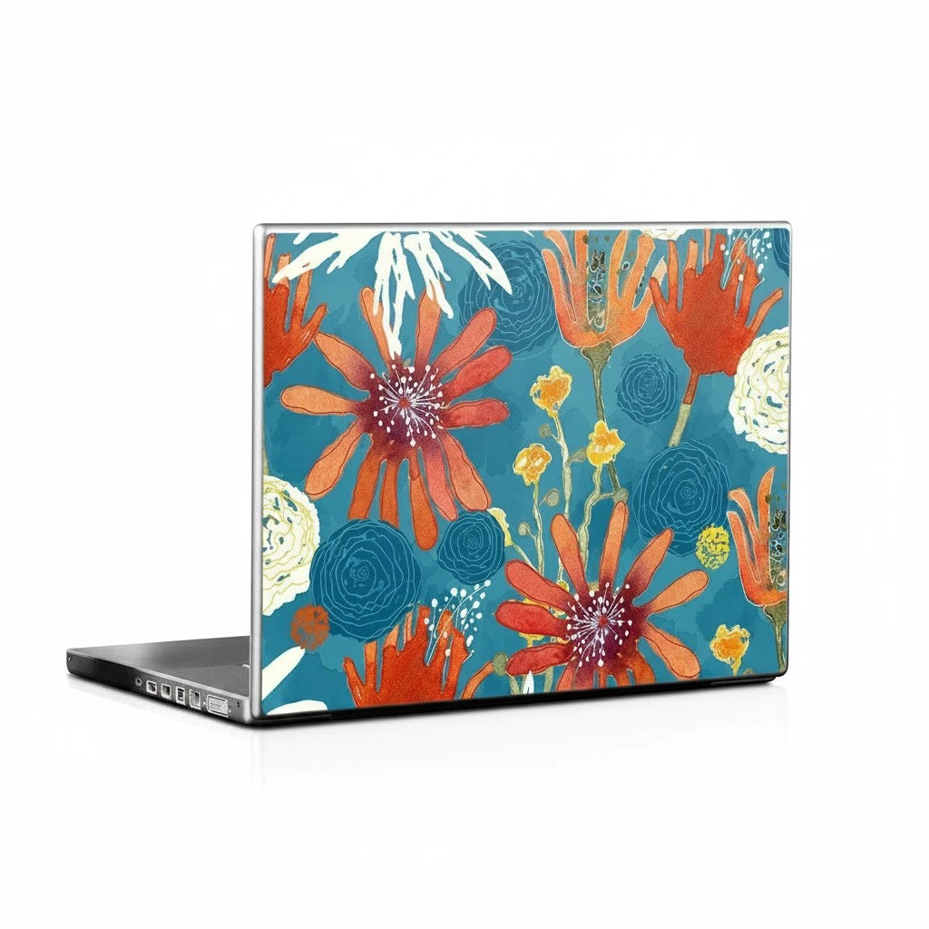 Sea Dragon Dreams Sunbaked Blooms laptop skin with vibrant orange and yellow floral art on a teal matte vinyl cover.