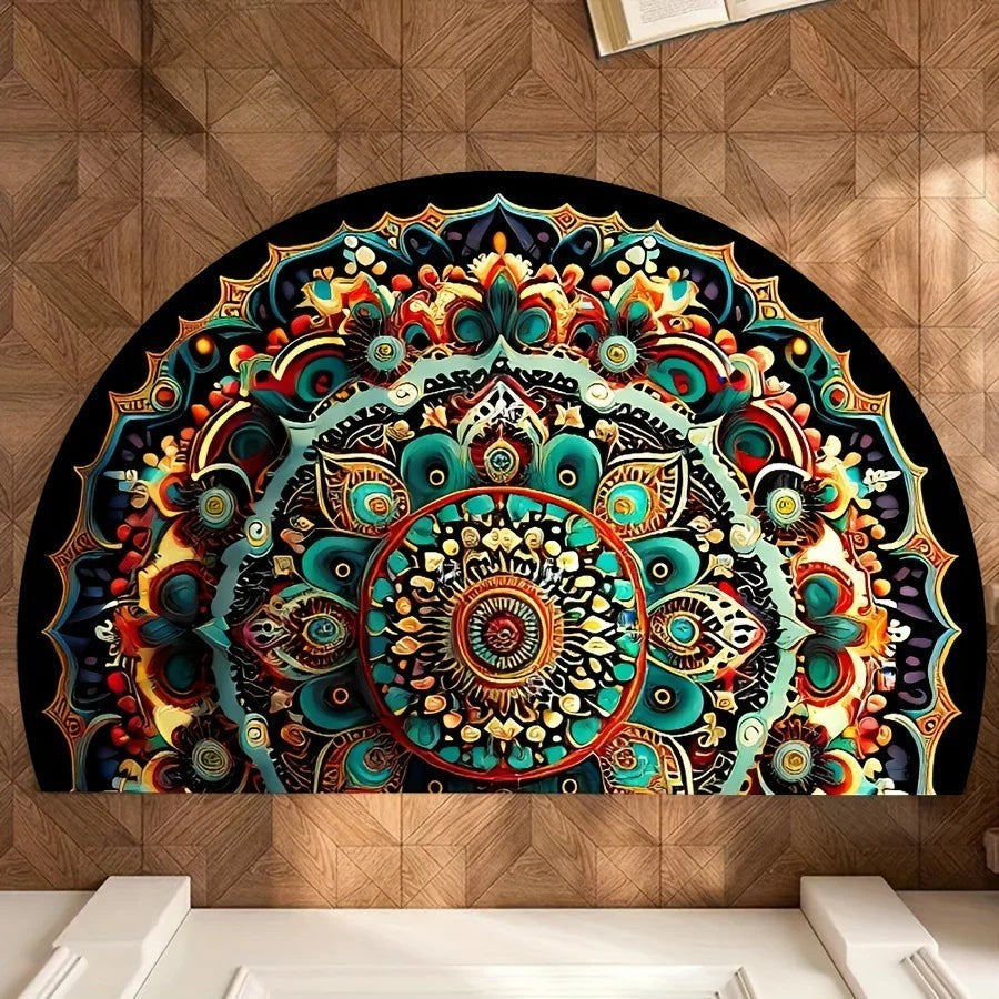 Sea Dragon Dreams half-circle doormat featuring a vibrant, intricate floral mandala pattern in teal, orange, and gold.