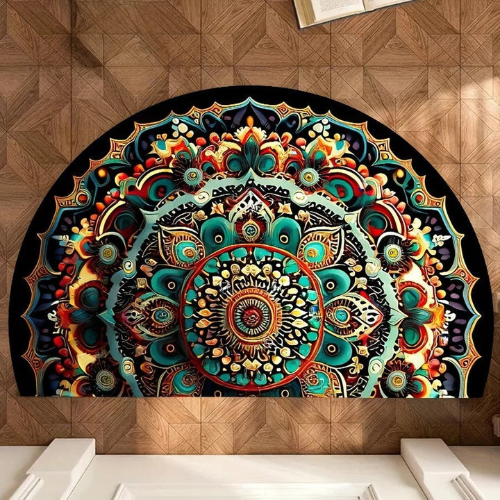 Sea Dragon Dreams half-circle doormat featuring a vibrant, intricate floral mandala pattern in teal, orange, and gold.