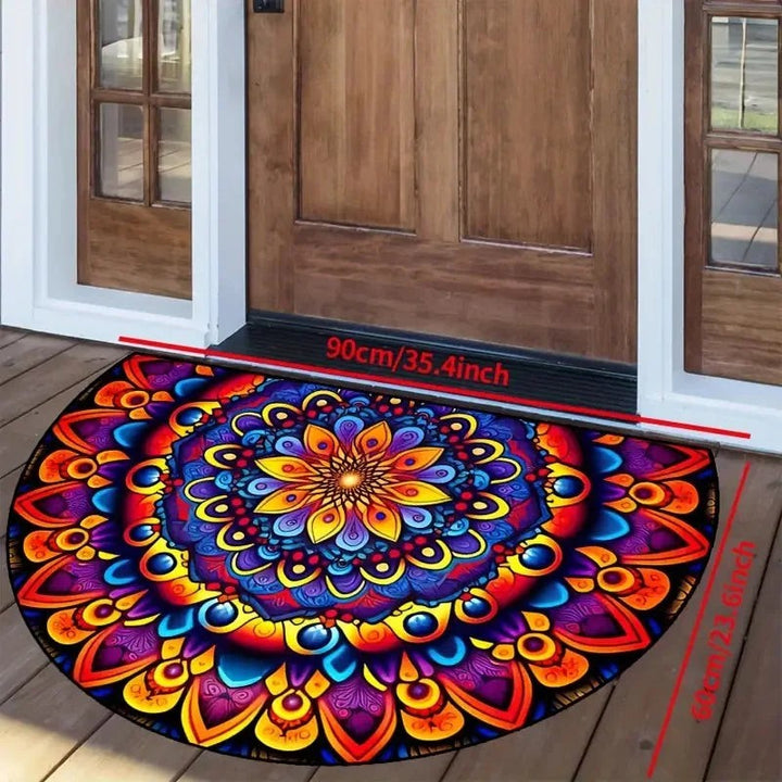 Sea Dragon Dreams half-circle doormat with a vibrant, colorful mandala floral pattern on a wooden porch entryway.