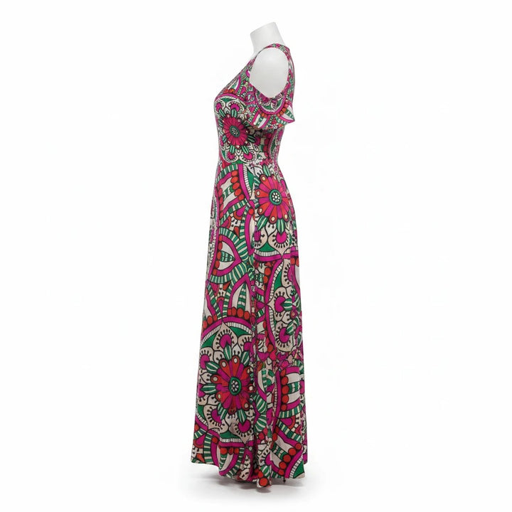 Sea Dragon Dreams off-shoulder maxi dress with a vibrant pink and green floral mandala pattern on a mannequin