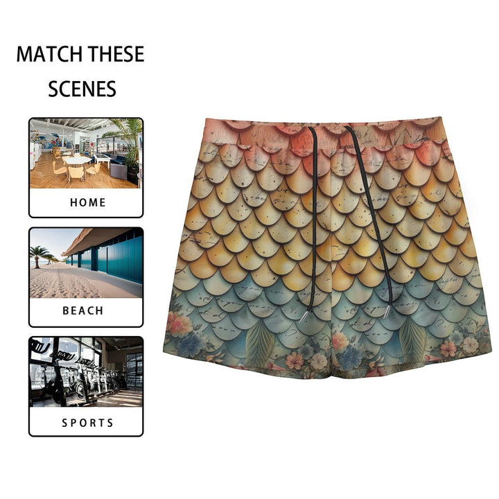 Sea Dragon Dreams men's swim shorts with a vintage floral and colorful mermaid scale pattern on polyester fabric.