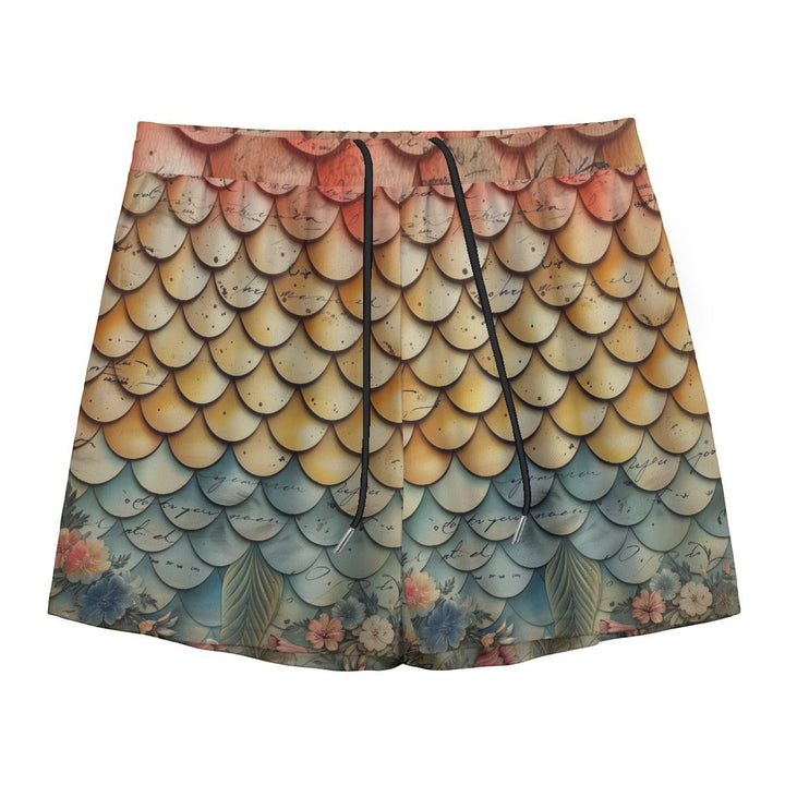 Sea Dragon Dreams vintage floral and mermaid scale print men's swim shorts with an elastic drawstring waist.