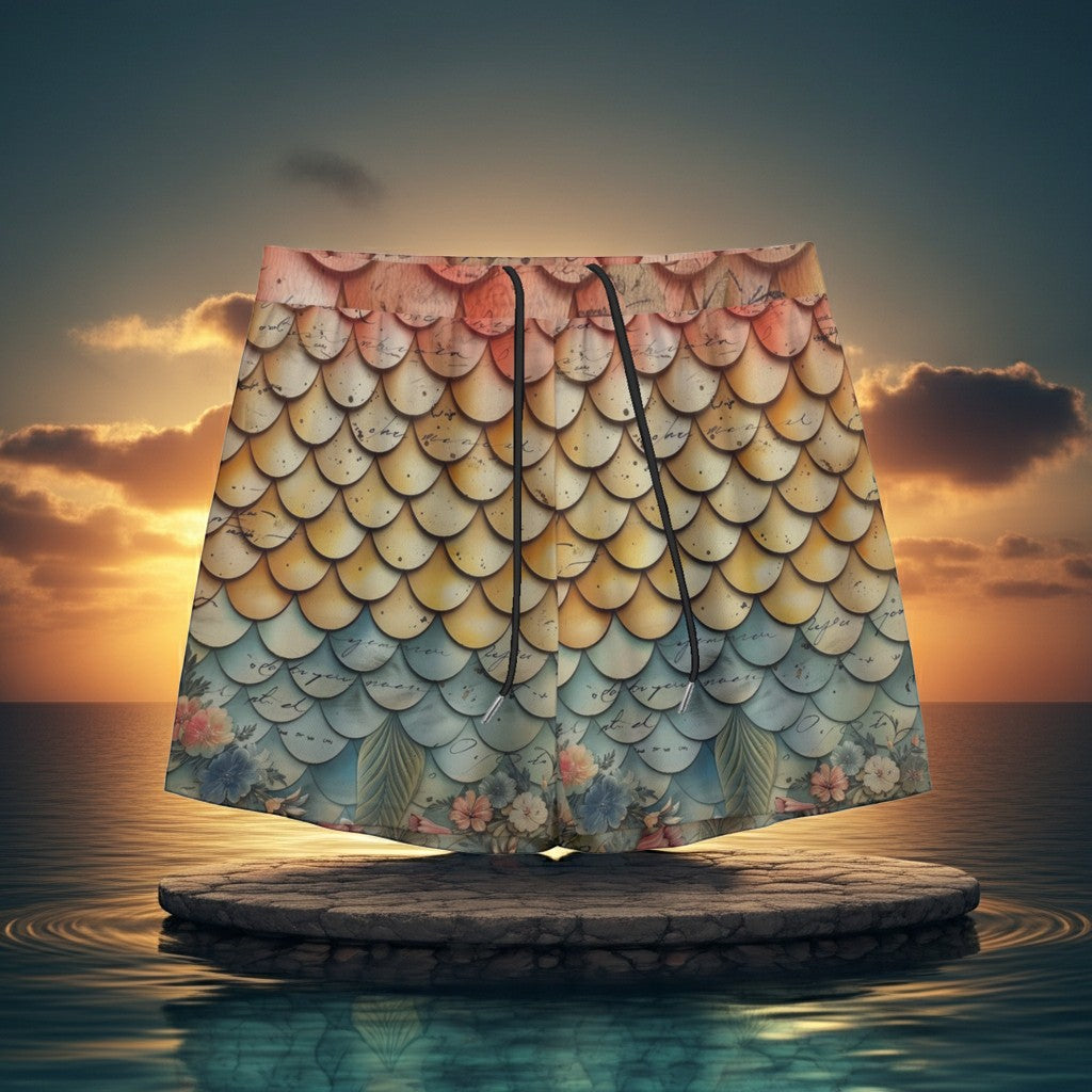 Sea Dragon Dreams men's swim shorts featuring a vintage floral and mermaid scale pattern against a sunset ocean backdrop