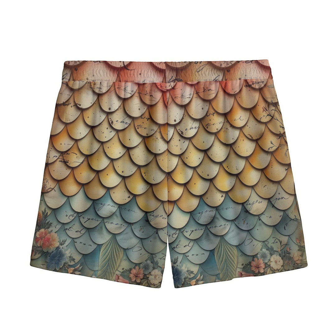 Sea Dragon Dreams men's swim shorts featuring a vintage floral and colorful mermaid scale pattern on polyester fabric.