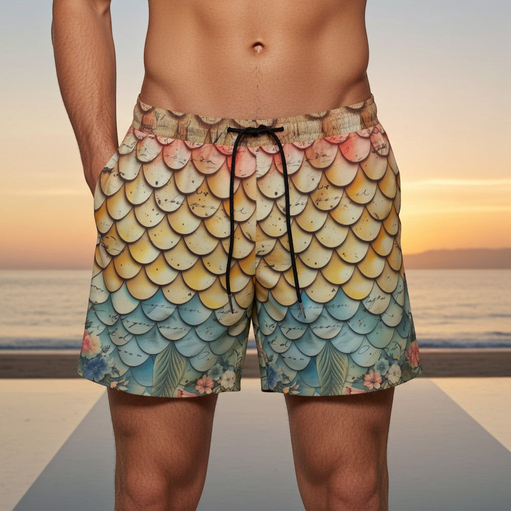 Sea Dragon Dreams men's swim shorts featuring a vintage floral and colorful mermaid scale pattern at sunset.