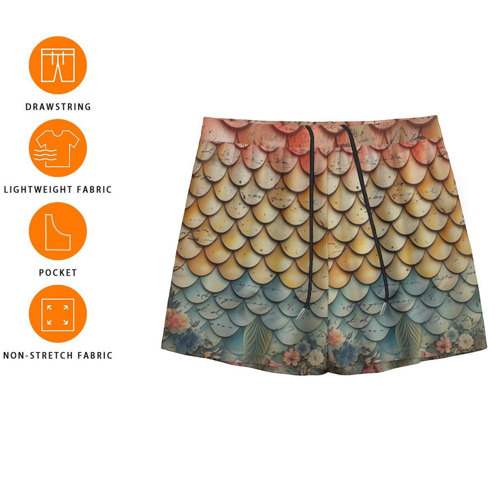 Sea Dragon Dreams men's swim shorts featuring a vintage floral and colorful mermaid scale pattern with a drawstring.
