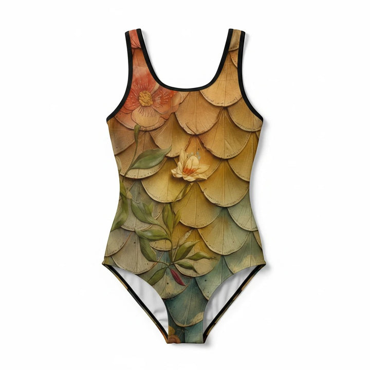 Sea Dragon Dreams vintage floral one-piece swimsuit with a colorful mermaid scale pattern and scoop neckline.