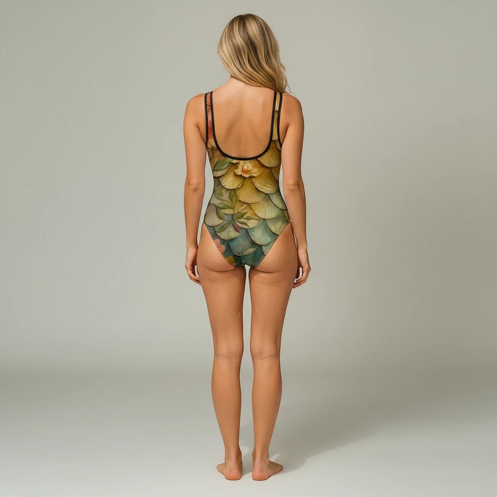 Back view of a woman wearing a Sea Dragon Dreams vintage floral one-piece swimsuit with a scoop back and scale pattern.