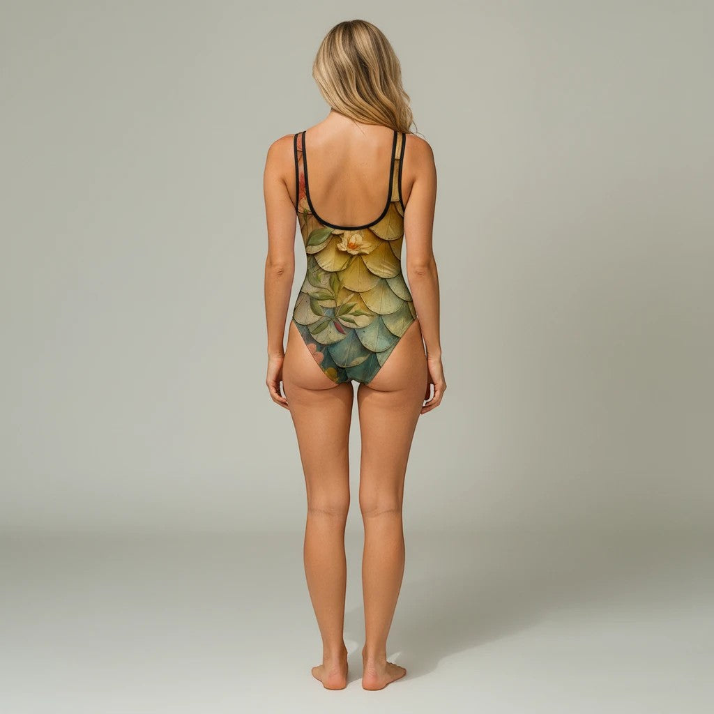 Back view of a woman wearing a Sea Dragon Dreams vintage floral one-piece swimsuit with a scoop back and scale pattern.