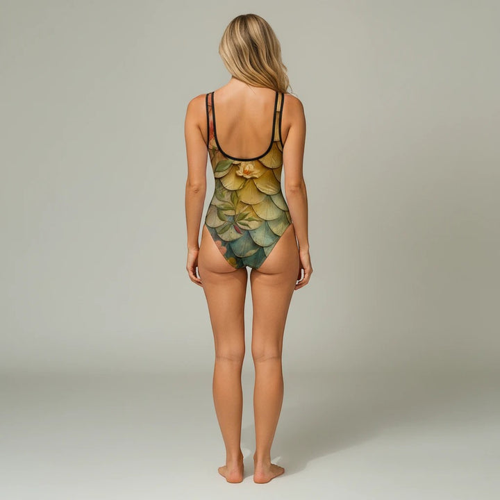 Back view of a woman wearing a Sea Dragon Dreams vintage floral one-piece swimsuit with a scoop back and scale pattern.
