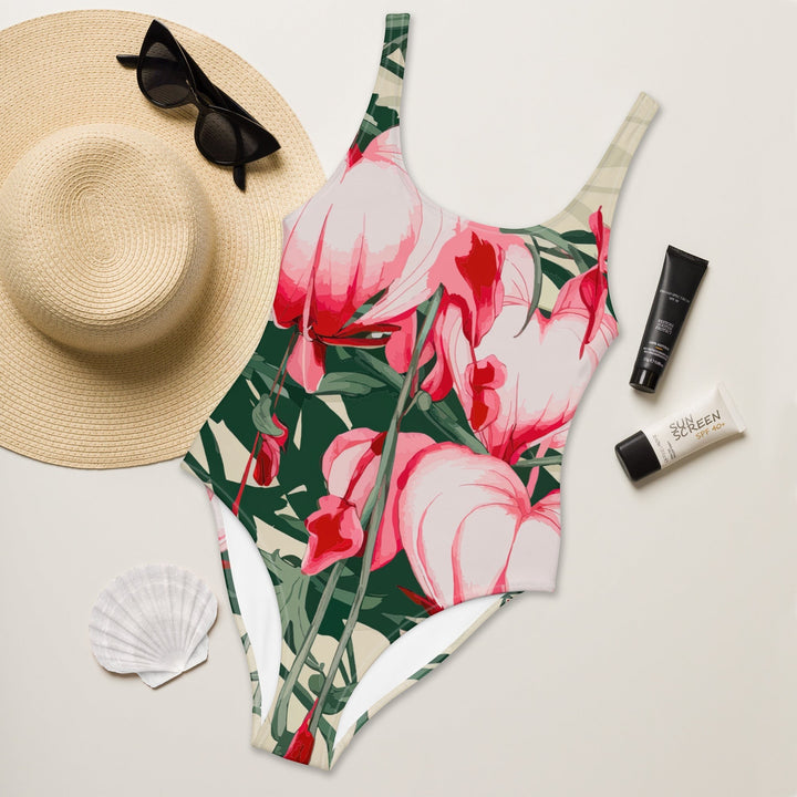 Sea Dragon Dreams floral one-piece swimsuit with scoop neckline, laid flat with a straw hat and sunscreen.