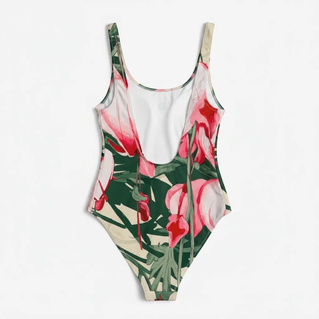 Sea Dragon Dreams one-piece swimsuit featuring a pink and green floral print with a scoop neckline and back.
