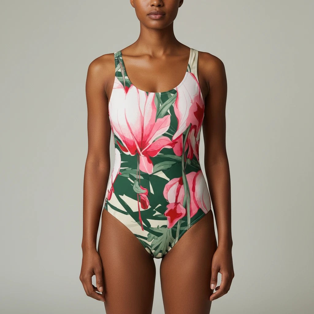 Sea Dragon Dreams one-piece swimsuit featuring a vibrant pink and green floral print with a scoop neckline