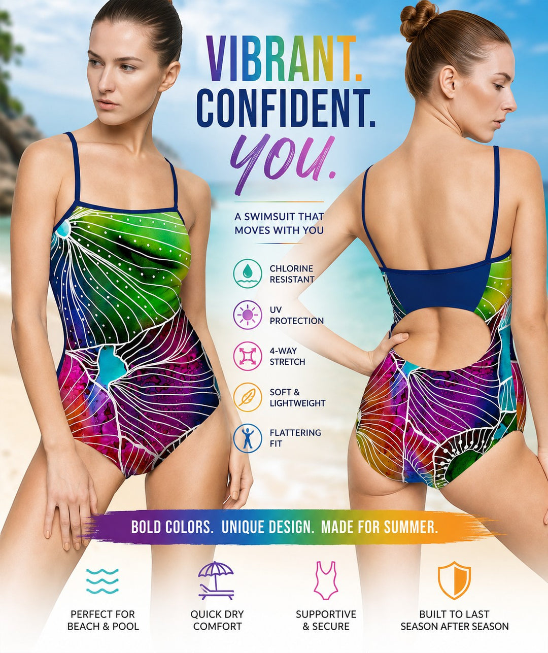 Sea Dragon Dreams vibrant floral print one-piece swimsuit featuring a scoop neck and low back on a model at the beach.