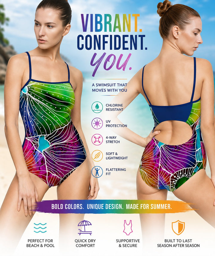 Sea Dragon Dreams vibrant floral print one-piece swimsuit featuring a scoop neck and low back on a model at the beach.