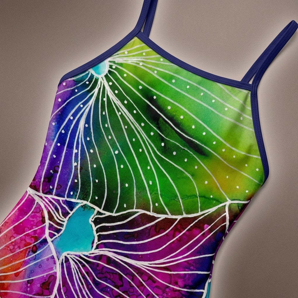 Sea Dragon Dreams one-piece swimsuit featuring a vibrant floral print in green, blue, and purple with white line art.
