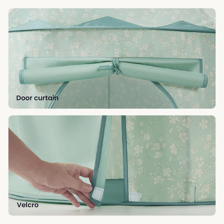 Sea Dragon Dreams 3-in-1 play tent featuring a sage green floral fabric with a roll-up door curtain and velcro closure.