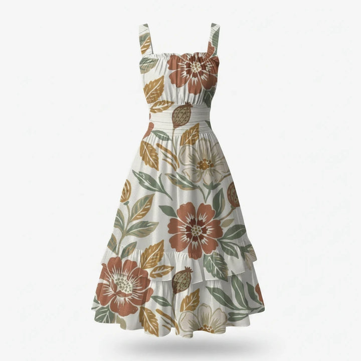 Sea Dragon Dreams sleeveless midi dress with a floral print, ruched bust, and ruffled hem in soft milk silk fabric.