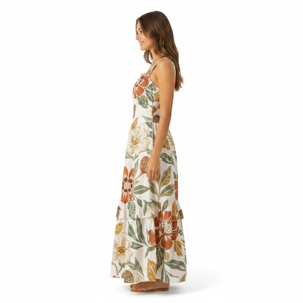 Sea Dragon Dreams sleeveless milk silk dress with brown floral print, ruched bust, and tiered ruffle hem, side view