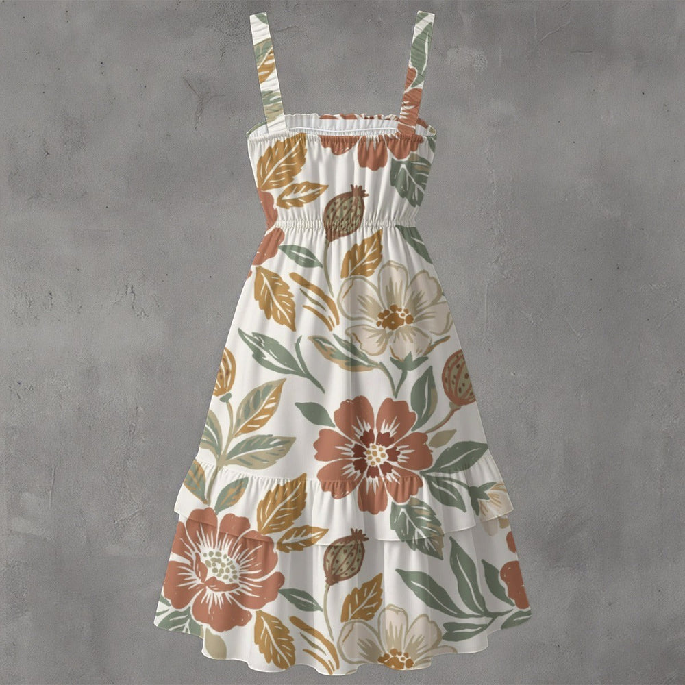Sea Dragon Dreams sleeveless milk silk dress with a white base, floral print, ruched bust, and tiered ruffle hem.