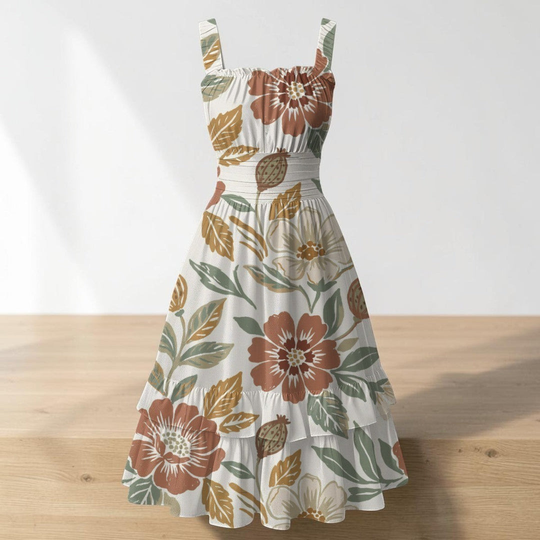 Sea Dragon Dreams sleeveless midi dress with a white base and terracotta floral print, featuring a ruffled hem.