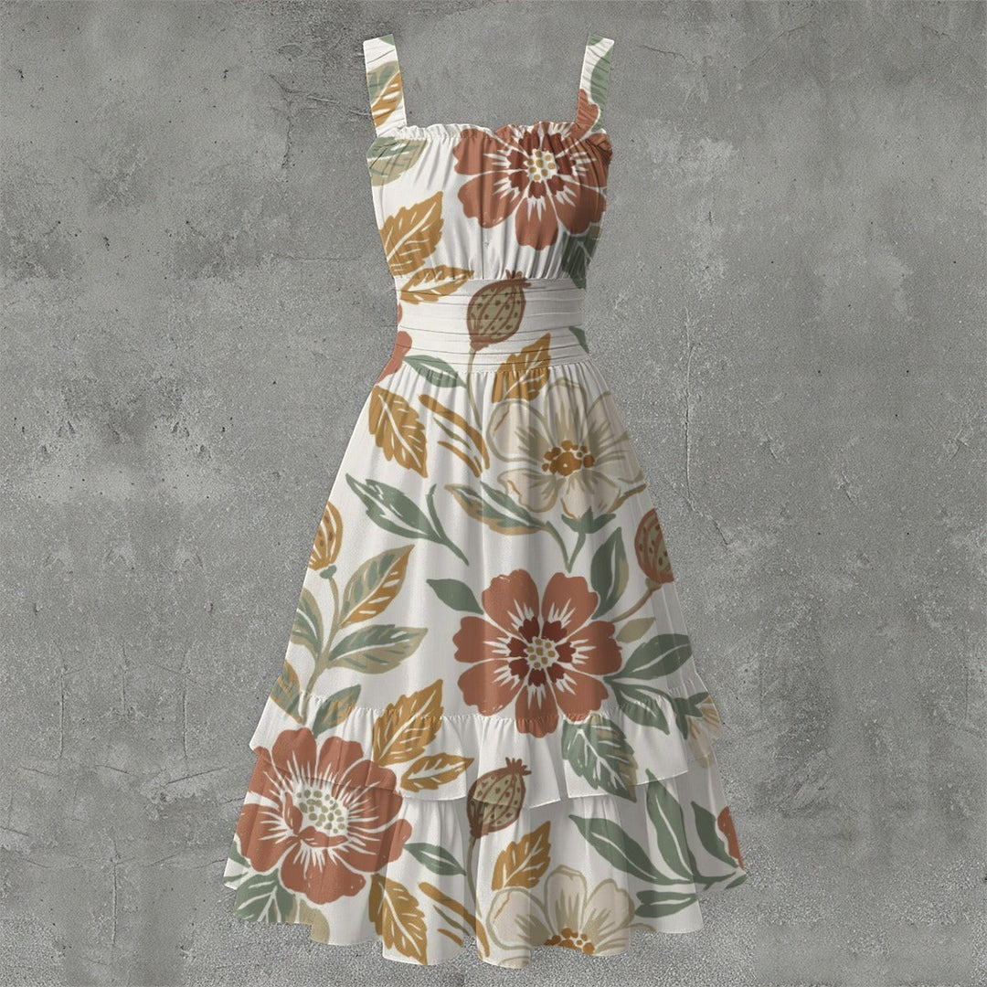 Sea Dragon Dreams sleeveless milk silk dress with a floral print, ruched bust, and a playful ruffled hem.