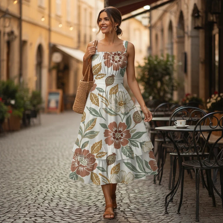 Sea Dragon Dreams sleeveless midi dress with floral print, ruched bust, and ruffle hem, worn on a cobblestone street.