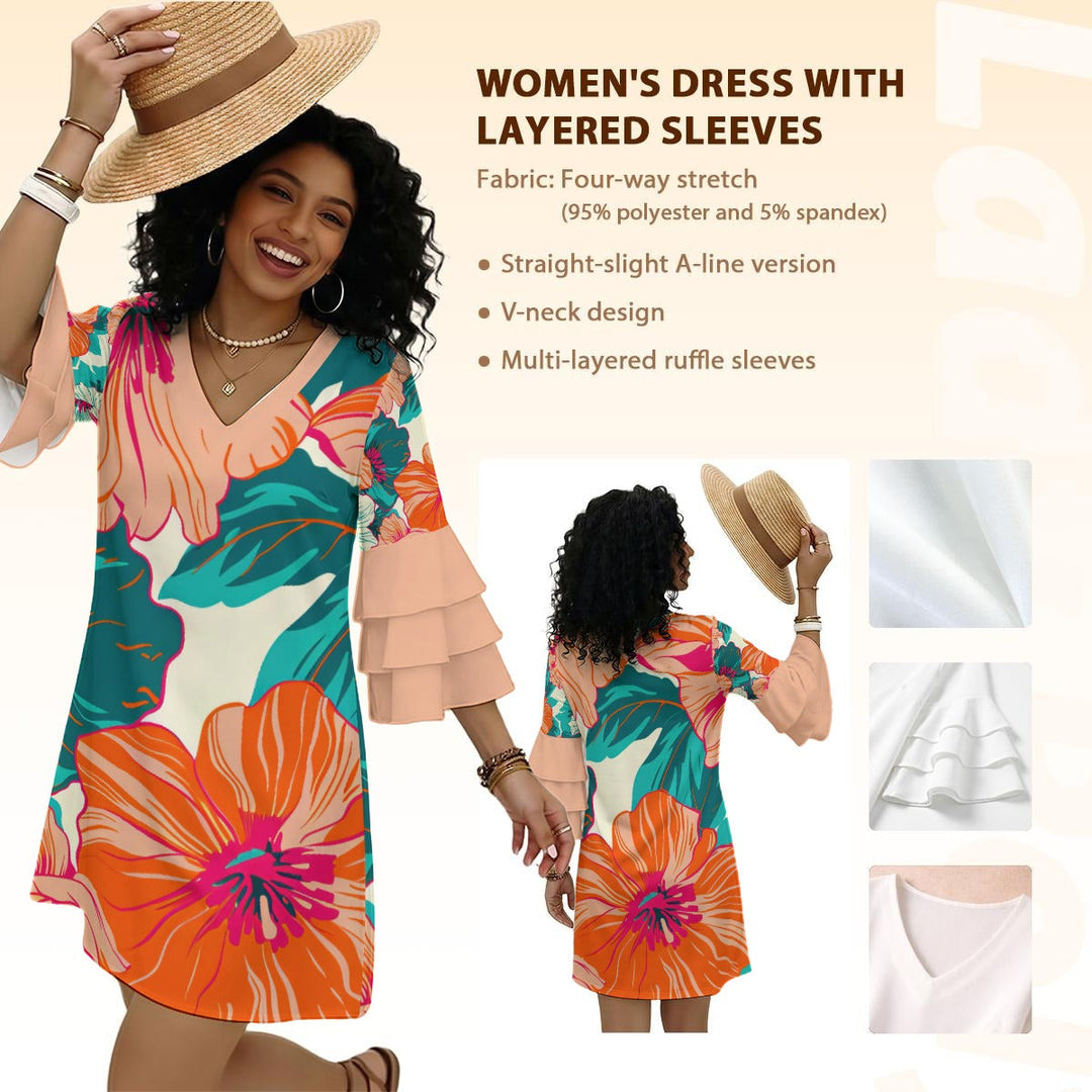 Sea Dragon Dreams women's V-neck dress featuring a vibrant hibiscus floral print and stacked ruffle sleeves