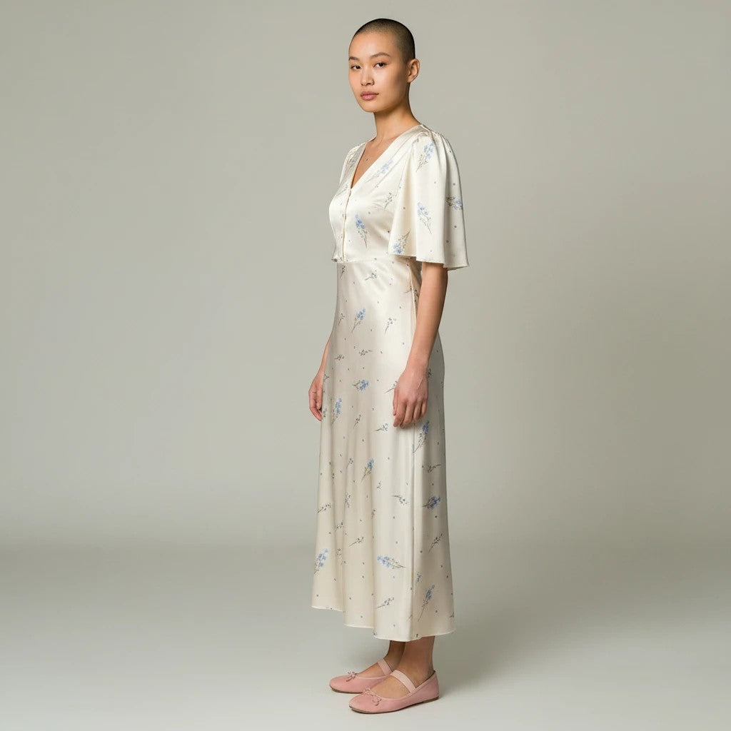 Sea Dragon Dreams cream satin maxi dress with blue floral print, V-neckline, and short sleeves on a model