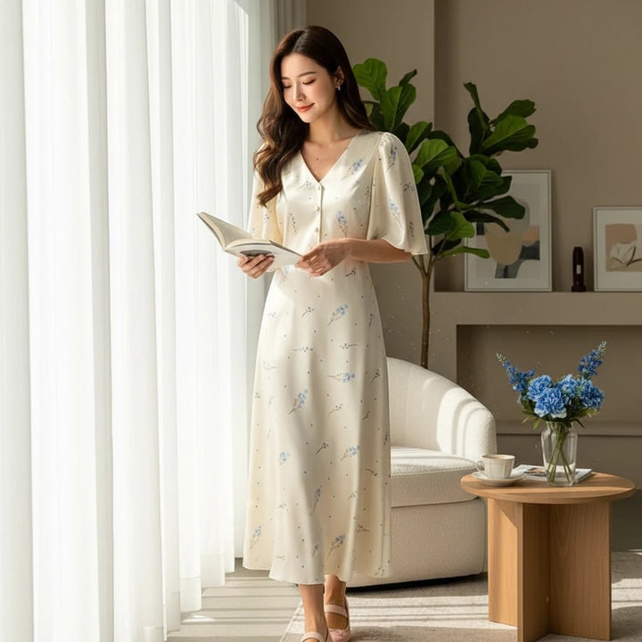 Sea Dragon Dreams cream satin maxi dress with blue floral print, V-neckline, and short sleeves in a bright room